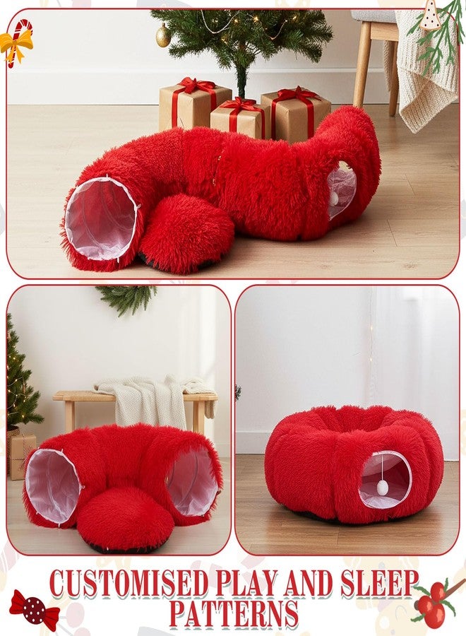SilTriangle Cat Tunnel with Cat Bed for Indoor Cats Large Soft Plush Donut Tunnel Multifunctional 36 Circle Donut Tube Bed with Central Mat for Cats Puppy Rabbit Kitten Gifts(Red) - Image 3